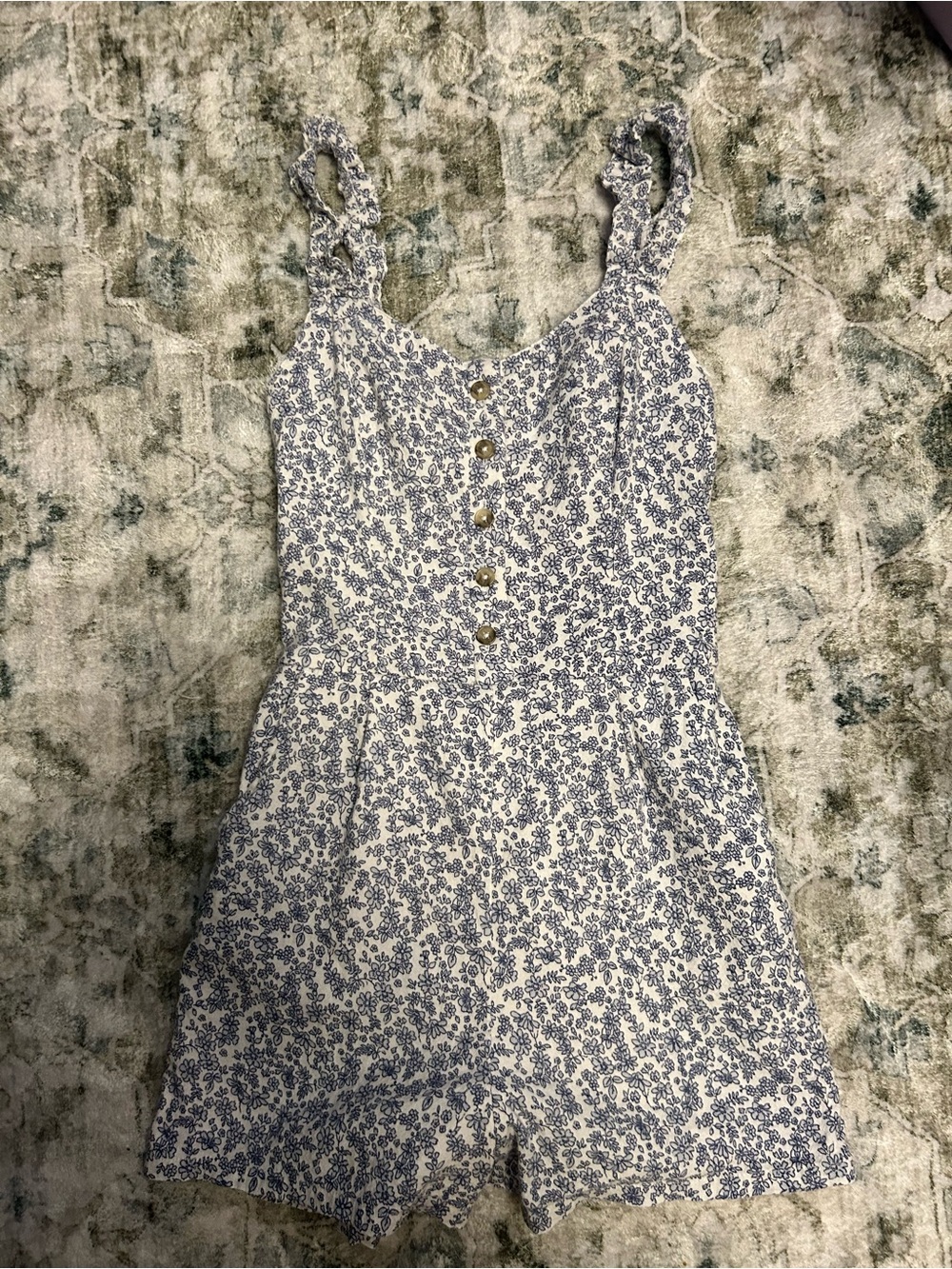 Hollister XS Blue & White Floral Romper | Linen Blend Button Front Summer - Picture 5 of 10